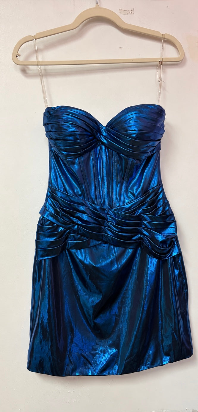 Stacees S8120H Metallic Blue Sweetheart Ruched Mini Dress