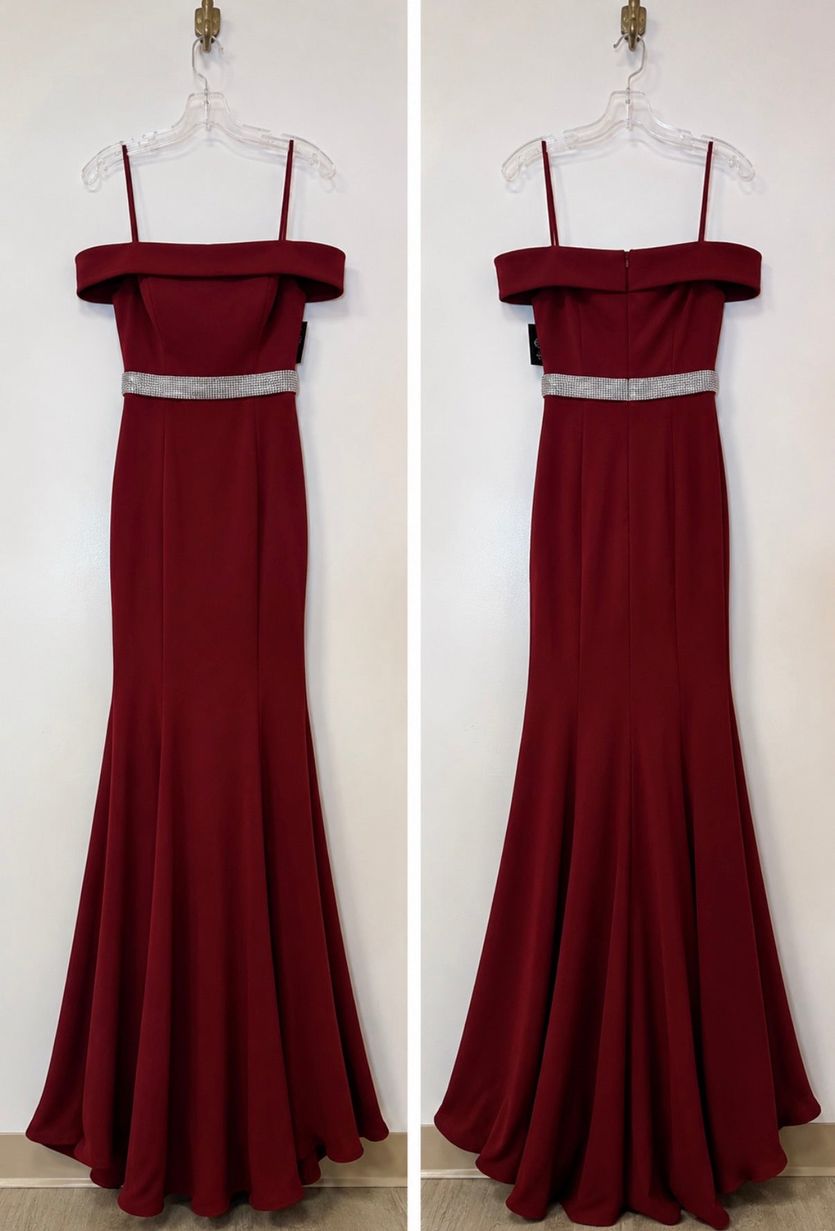Chicas SS2014 Burgundy Off-Shoulder Mermaid Formal Dress with Rhinestone Waist Detail