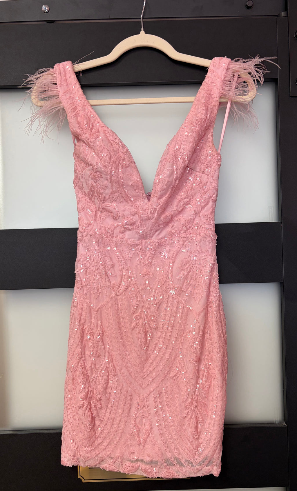 Windsor Blush Pink Sequin Feather Shoulder Mini Dress