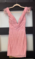 Windsor Blush Pink Sequin Feather Shoulder Mini Dress