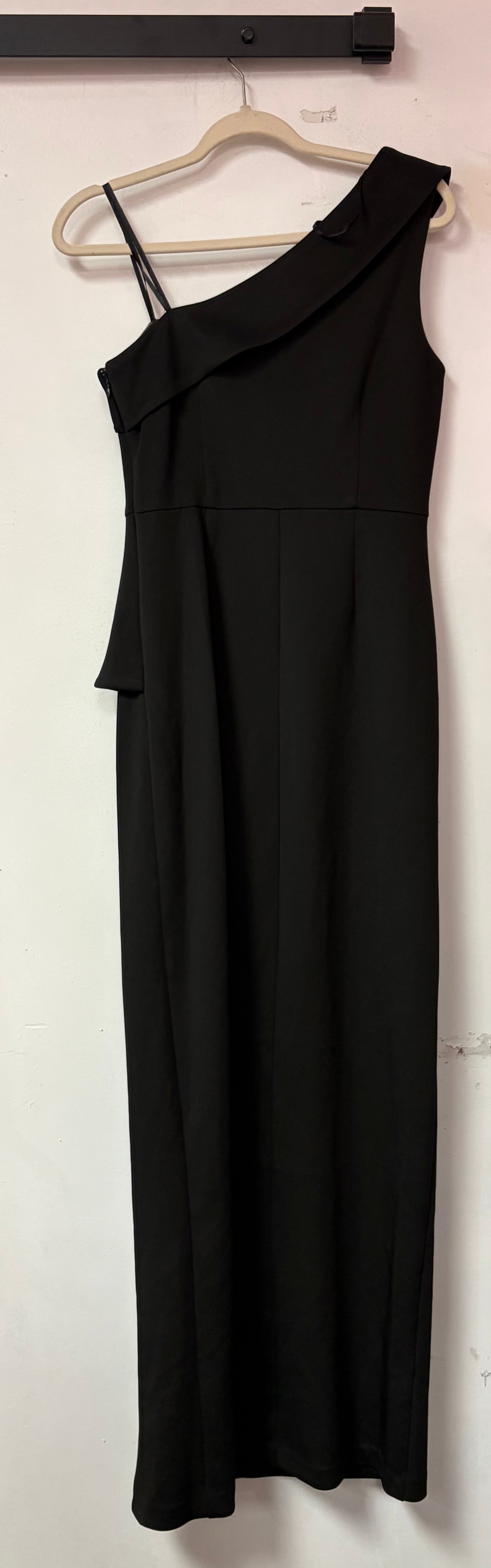 Eliza J Black One-Shoulder Gown with Cascading Ruffle