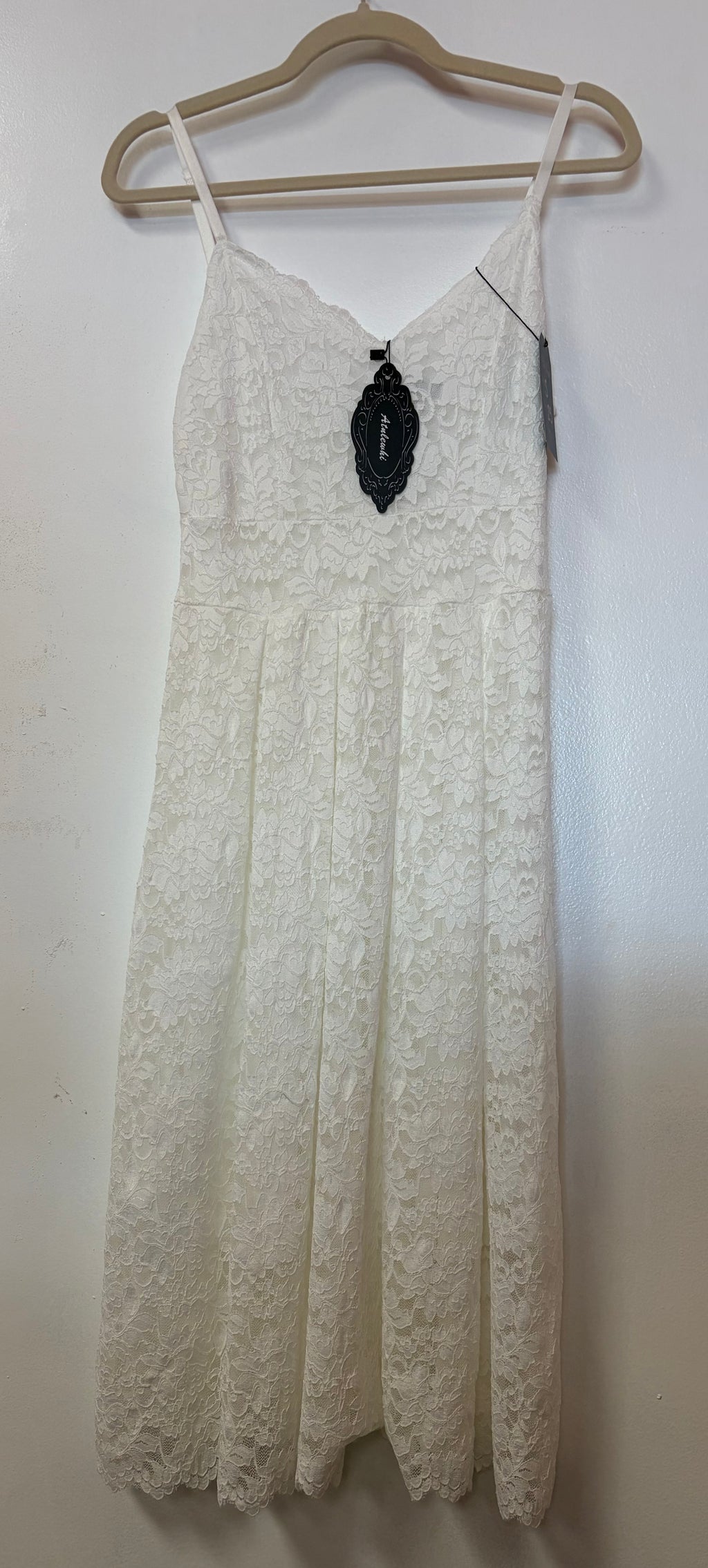 Ivory Floral Lace Midi Dress with Scalloped Hem and Adjustable Straps