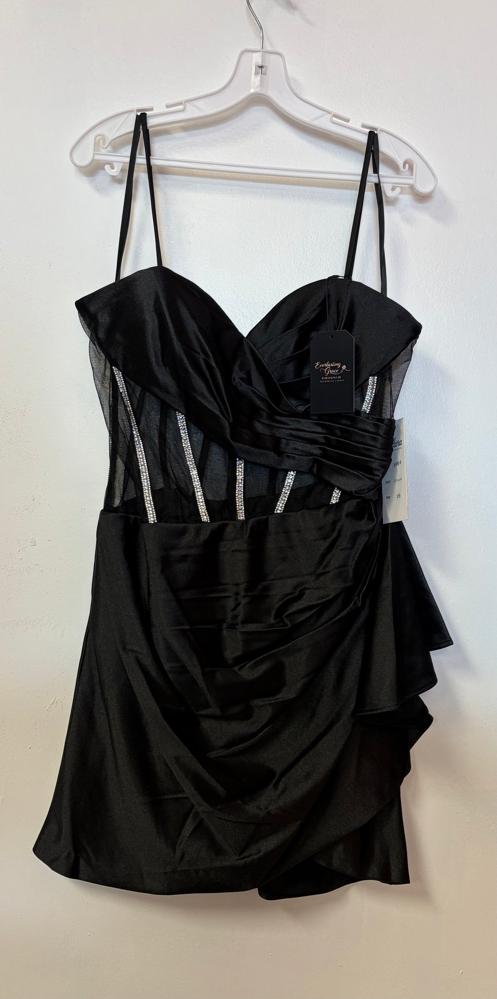 Adora 1064 Black Satin Corset Homecoming Dress with Rhinestone Boning and Draped Skirt