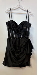 Adora 1064 Black Satin Corset Homecoming Dress with Rhinestone Boning and Draped Skirt