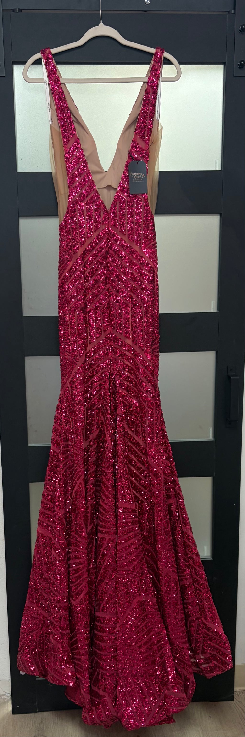 Jovani 59762 Fuchsia Sequin Geometric Mermaid Prom Dress with Deep V-Neck