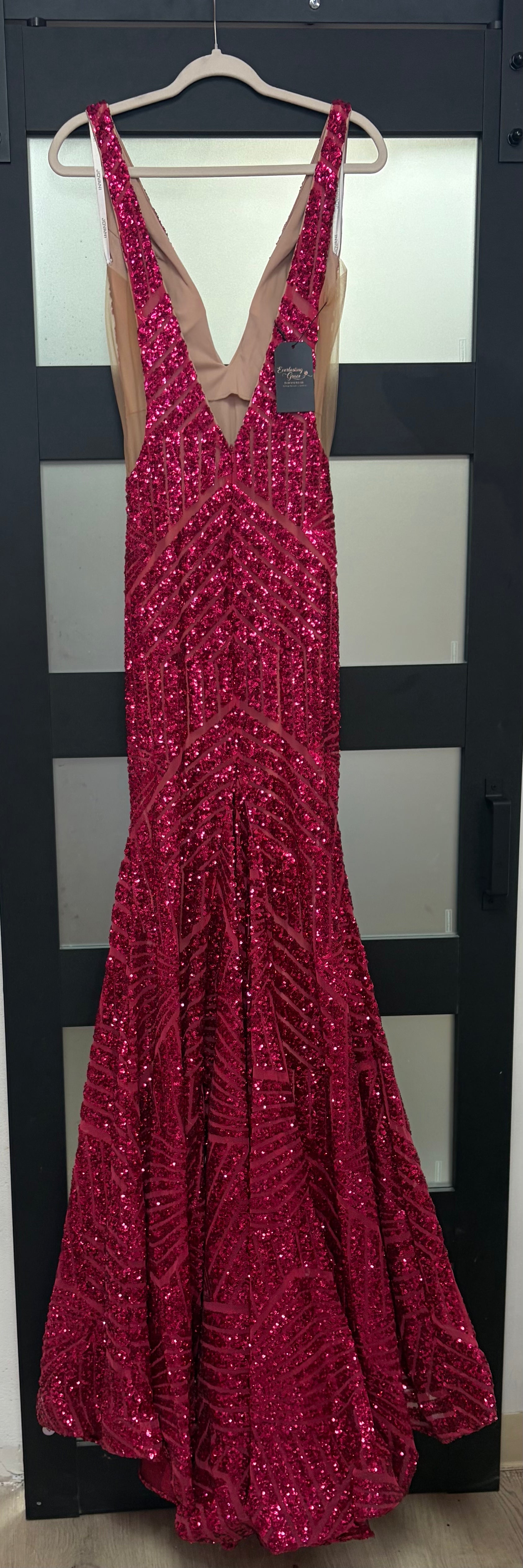 Jovani 59762 Fuchsia Sequin Geometric Mermaid Prom Dress with Deep V-Neck