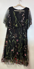Black Embroidered Floral Mesh Fit and Flare Dress with Sheer Flutter Sleeves