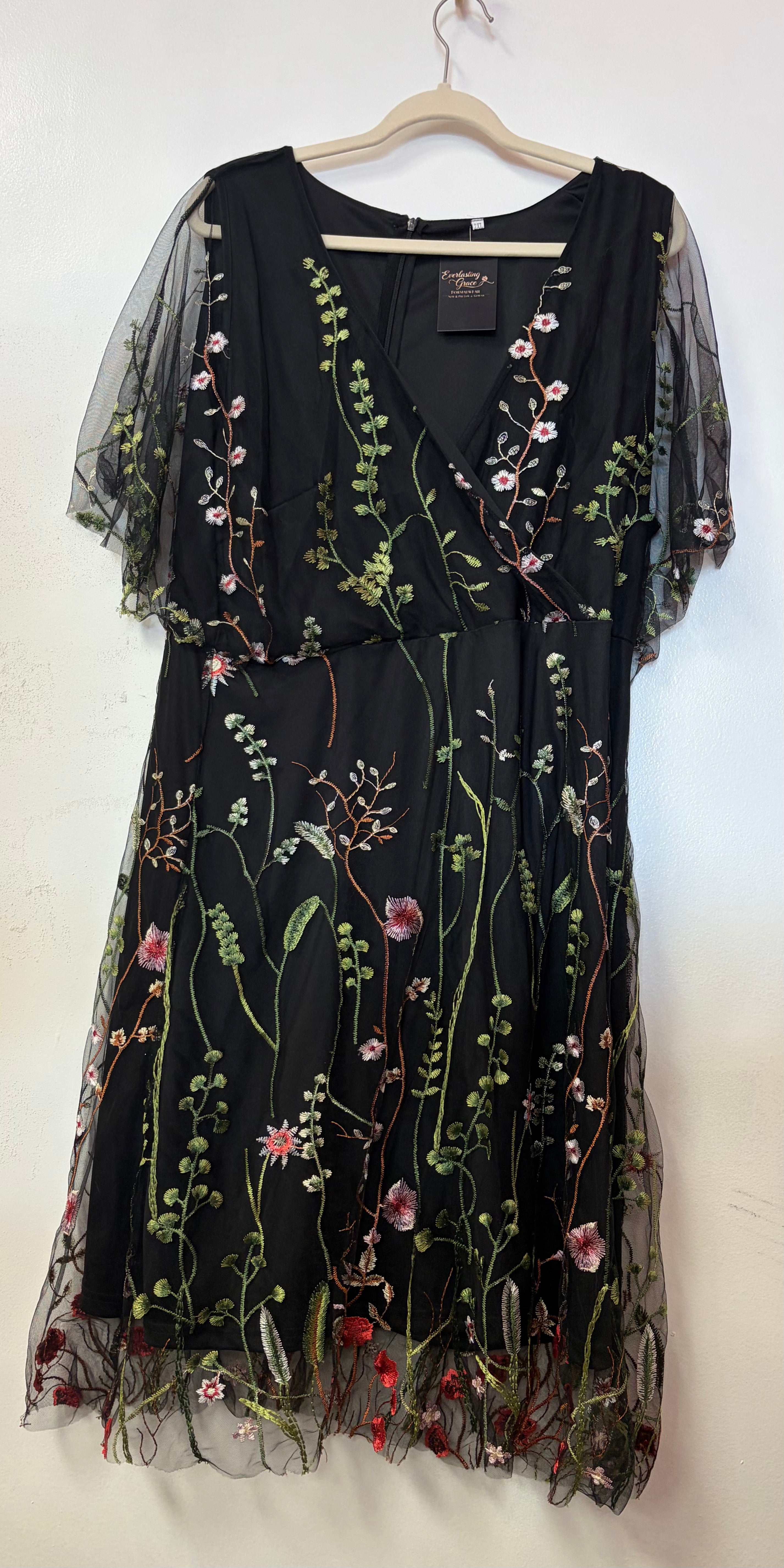 Black Embroidered Floral Mesh Fit and Flare Dress with Sheer Flutter Sleeves