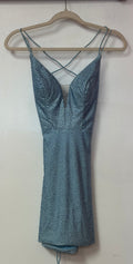 Amarra Light Blue Rhinestone Bodycon Homecoming Dress with Plunging V-Neck