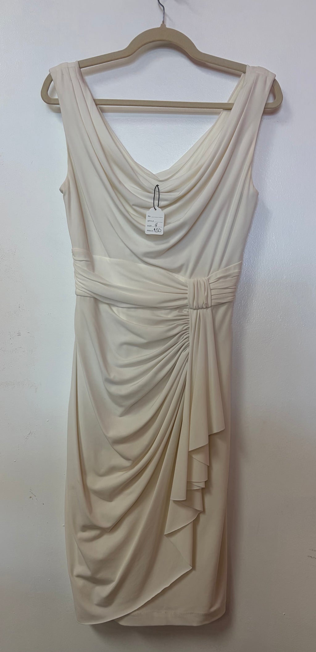 White House Black Market Ivory Draped Cocktail Dress with Ruched Waist and Cascading Side Detail