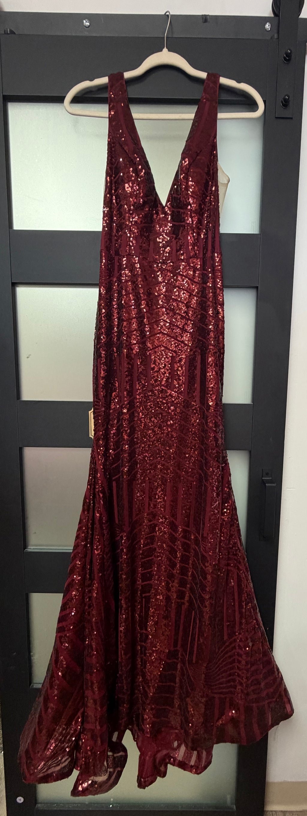 Burgundy Geometric Sequin Mermaid Formal Gown with Open Back