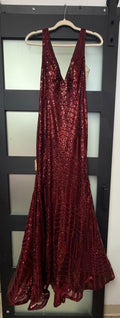 Burgundy Geometric Sequin Mermaid Formal Gown with Open Back