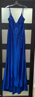LaDivine by Cinderella Divine CB163 Royal Blue Satin Gown with Crystal Waterfall Detail by