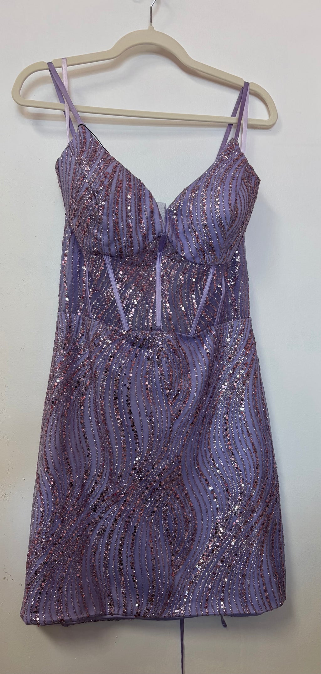 Ed Young Lilac Sequin Homecoming Dress with Corset Bodice and Lace-Up Back