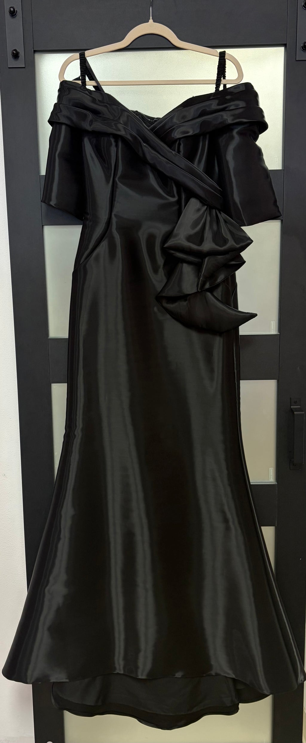 Ashley Lauren 11324 Black Off-the-Shoulder Satin Mermaid Evening Gown with Statement Ruffle