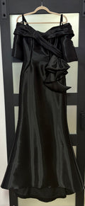 Ashley Lauren 11324 Black Off-the-Shoulder Satin Mermaid Evening Gown with Statement Ruffle