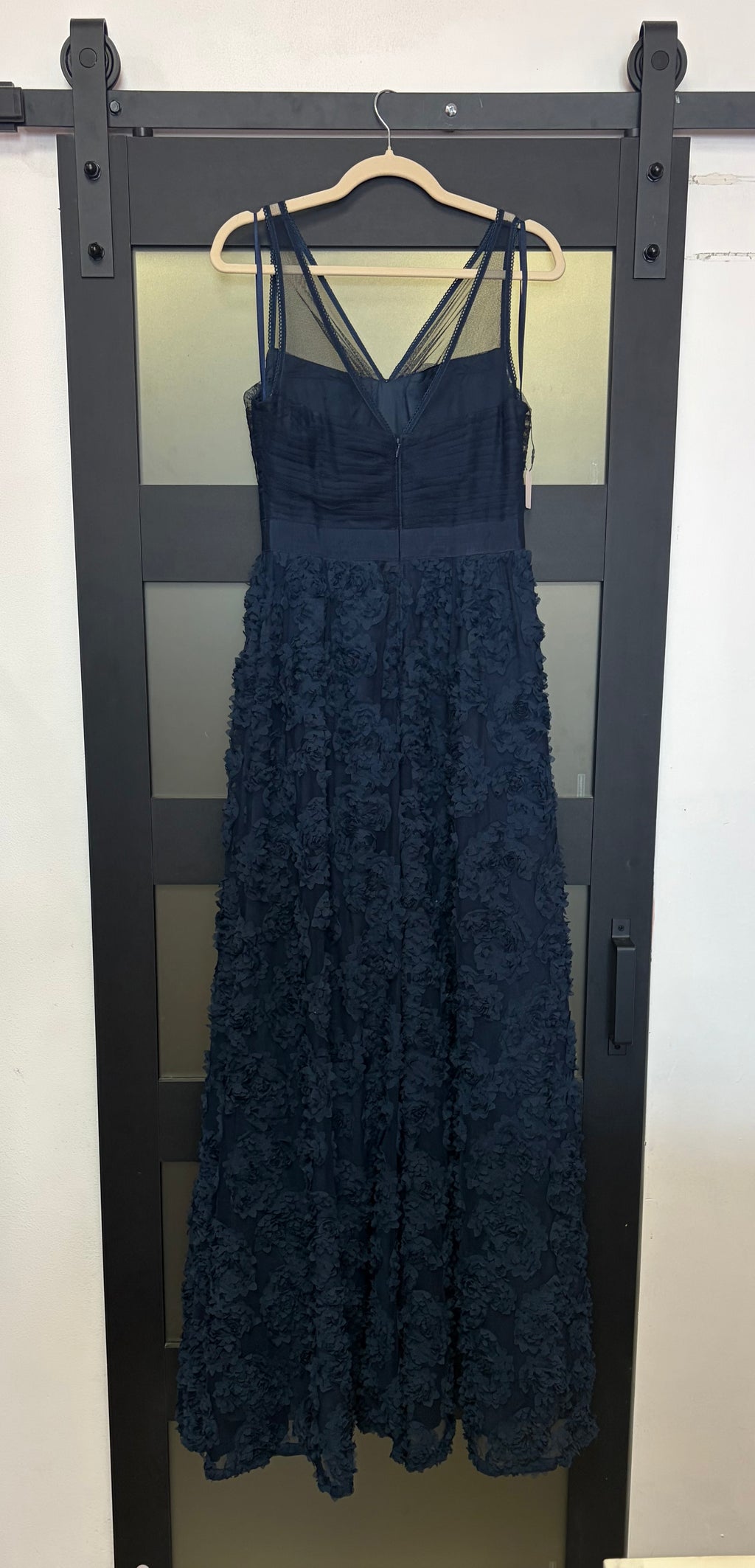 Adrianna Papell Navy Floral Appliqué Evening Gown