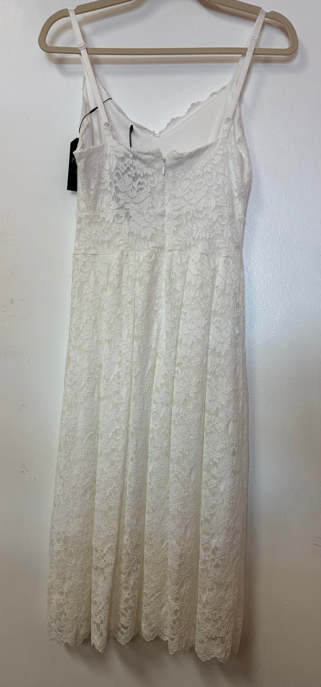 Ivory Floral Lace Midi Dress with Scalloped Hem and Adjustable Straps
