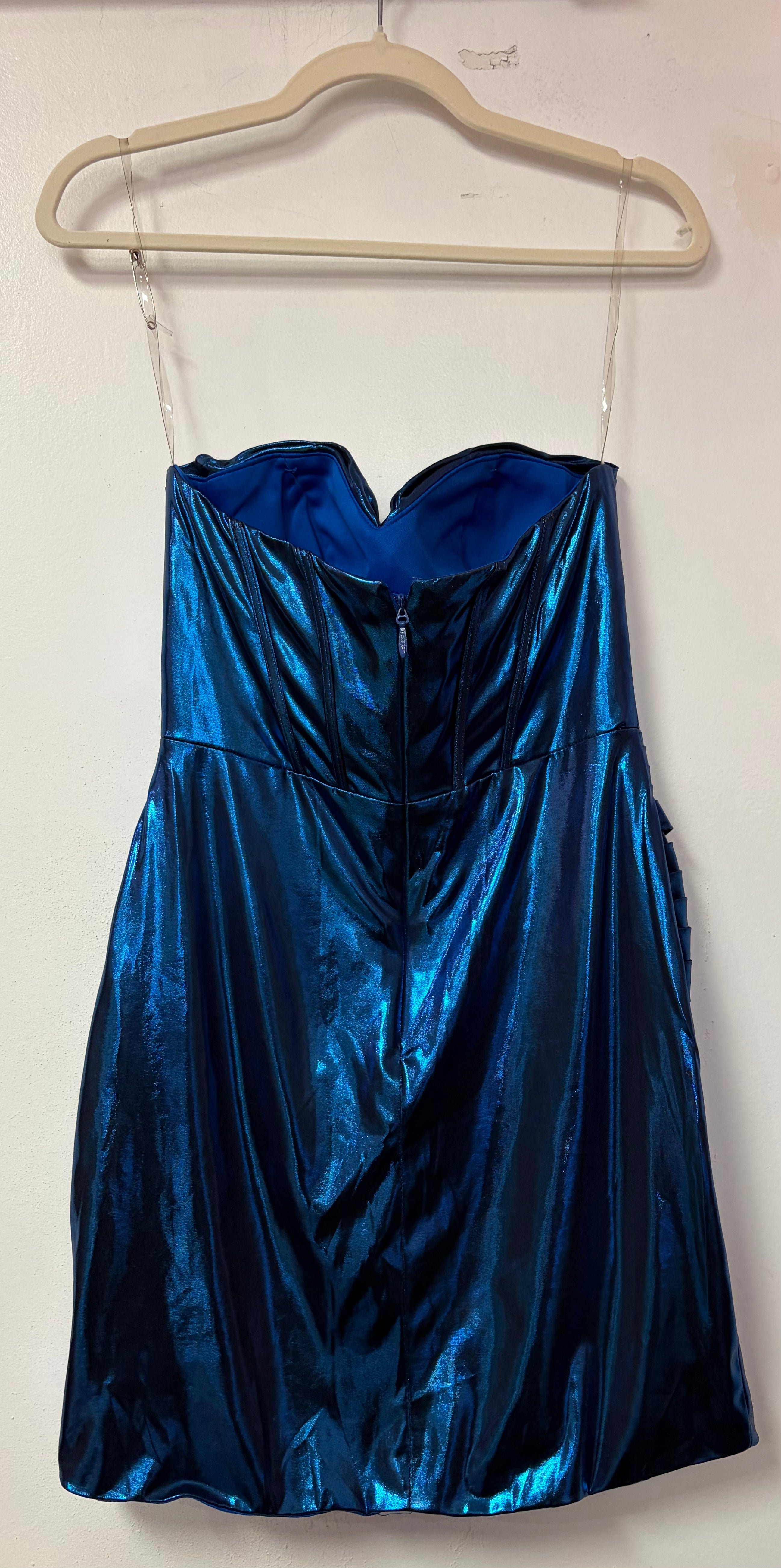 Stacees S8120H Metallic Blue Sweetheart Ruched Mini Dress