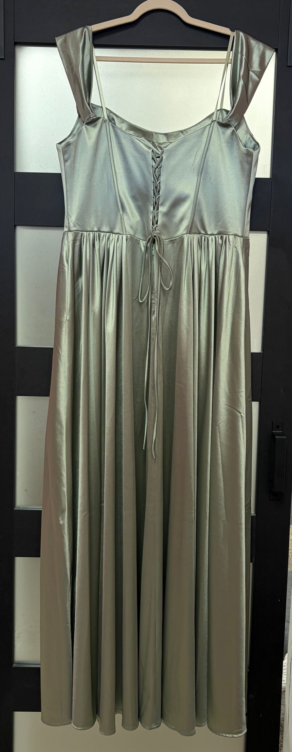 Amoris by Cinderella Divine T612 Sage Satin Corset A-Line Formal Dress with Lace-Up Back
