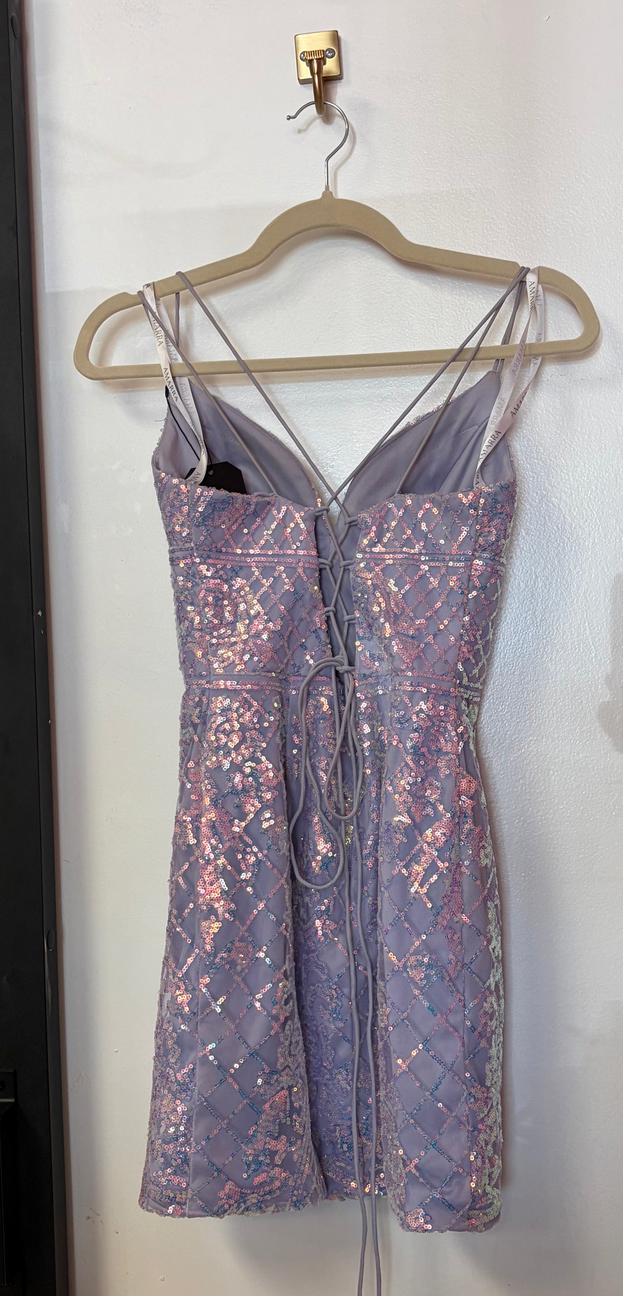 Amarra Lavender Sequin V‑Neck Short Dress Lace‑Up Back