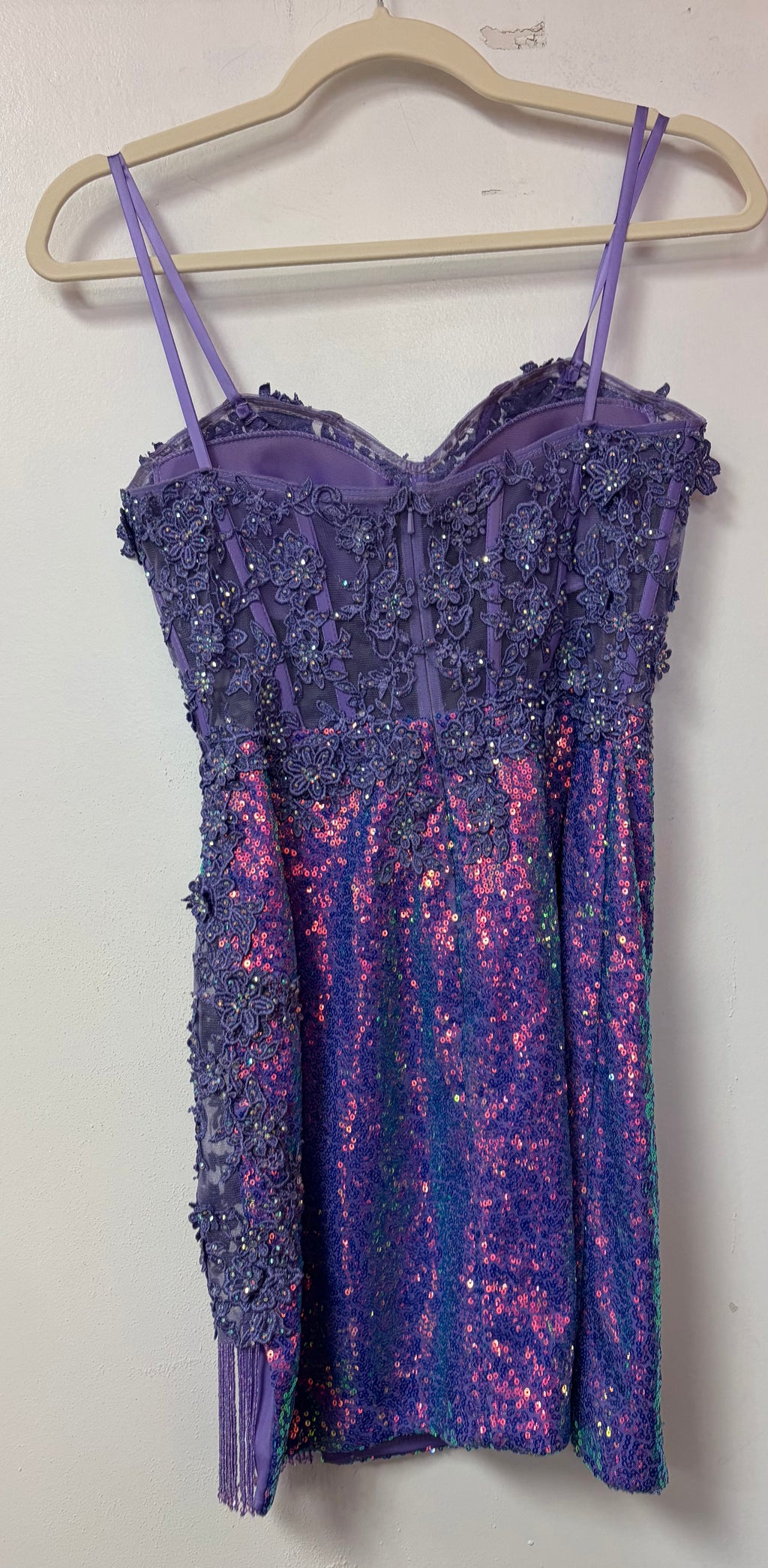 Colors Dress 3004 Purple Floral Lace and Sequin Fringe Mini Dress