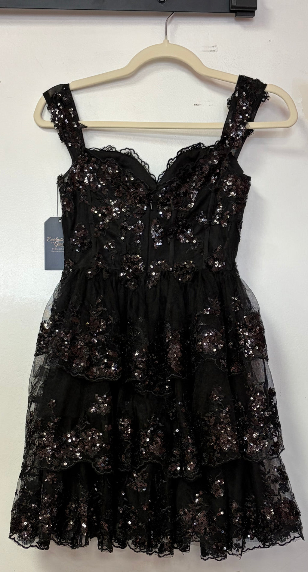 Black Tiered Sequin Lace Fit & Flare Party Dress