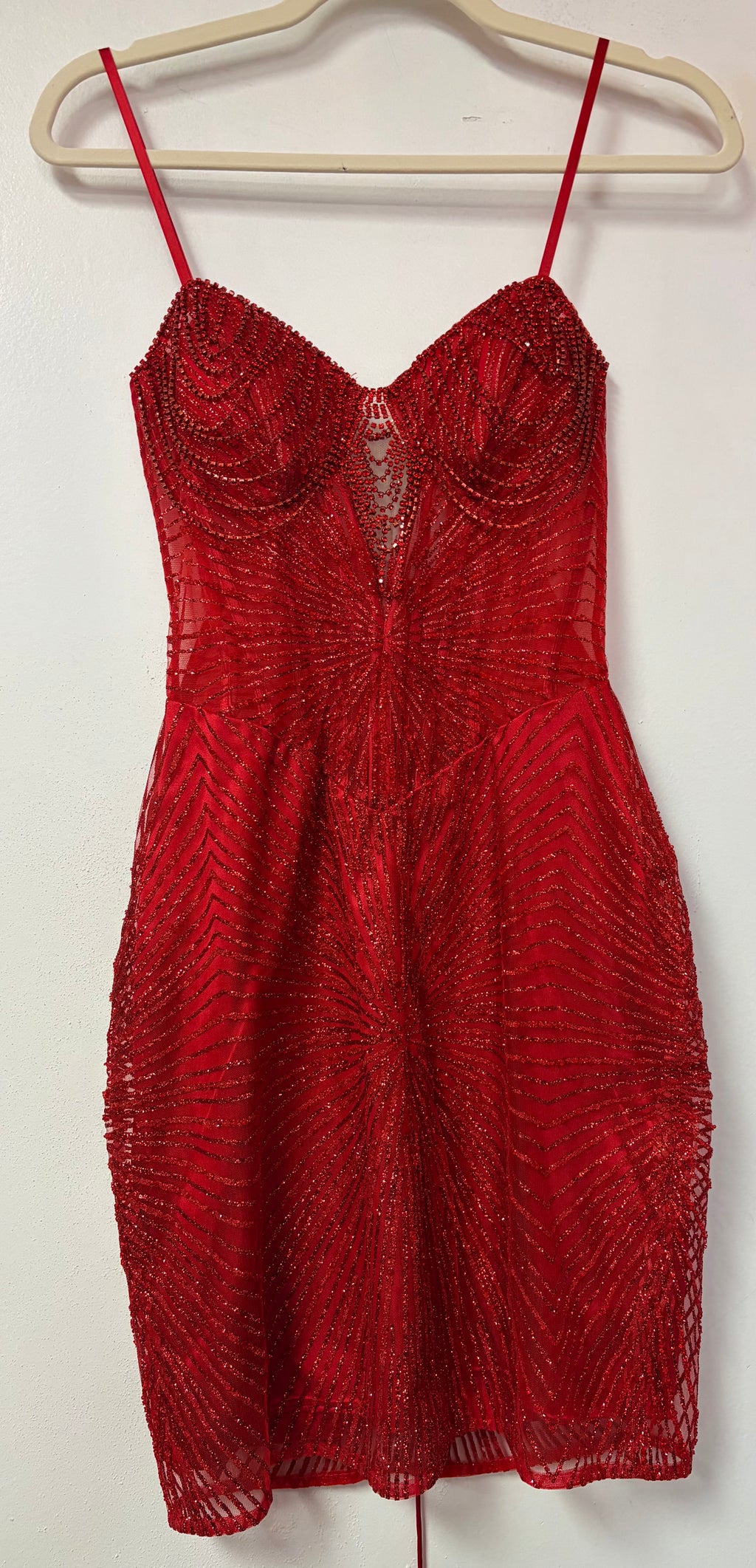 Ladivine J879 Red Beaded Illusion Mini Dress