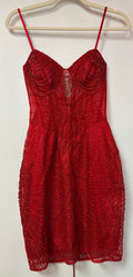 Ladivine J879 Red Beaded Illusion Mini Dress