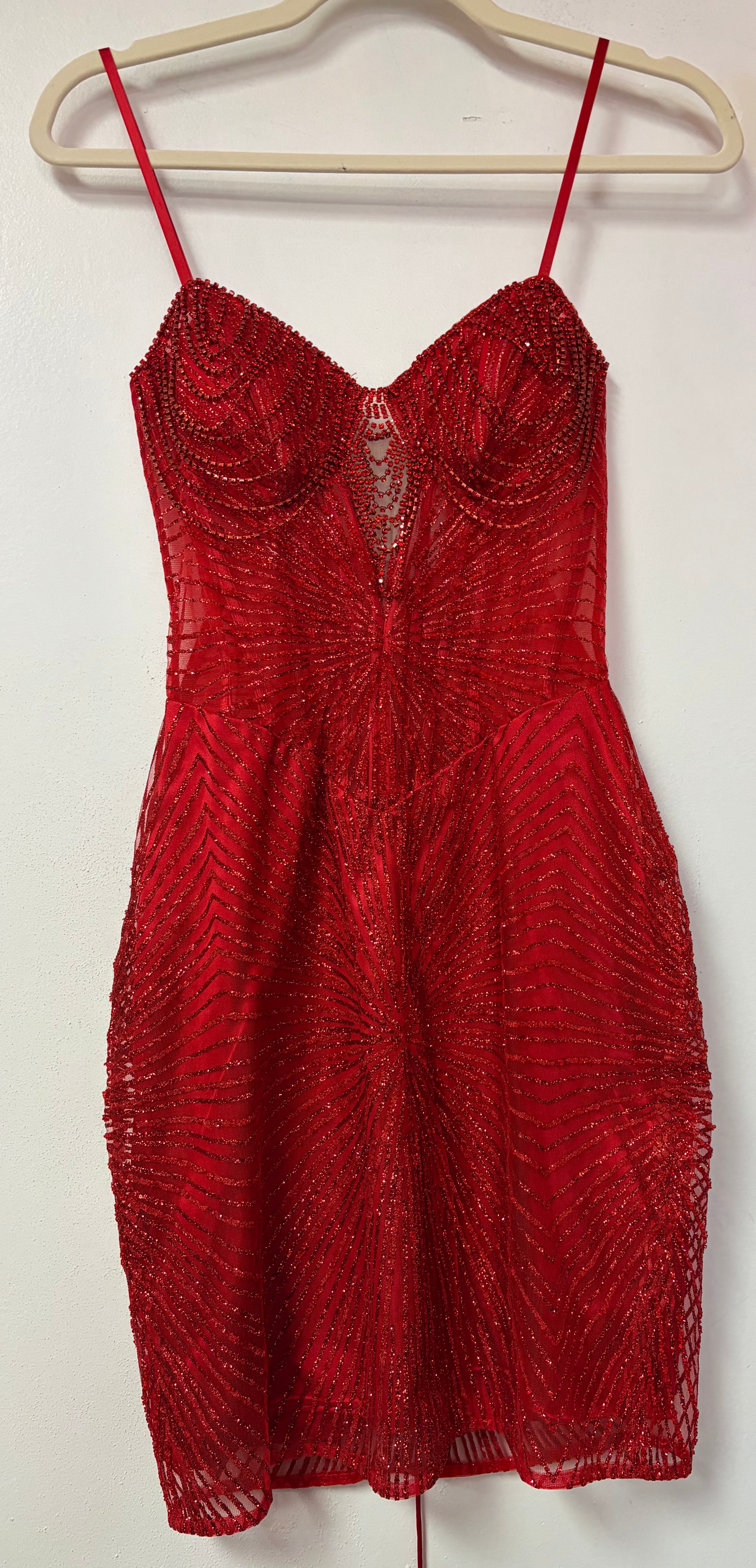 Ladivine J879 Red Beaded Illusion Mini Dress