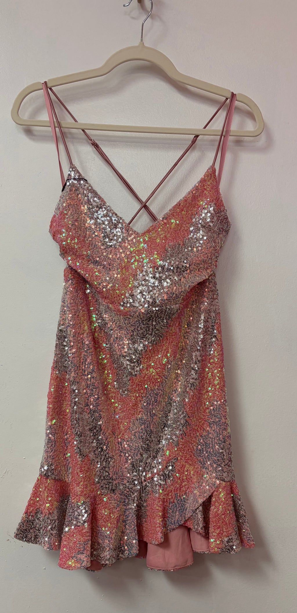 Welcome to Selfie Leslie Pink Iridescent Sequin Homecoming Dress with Ruffle Hem