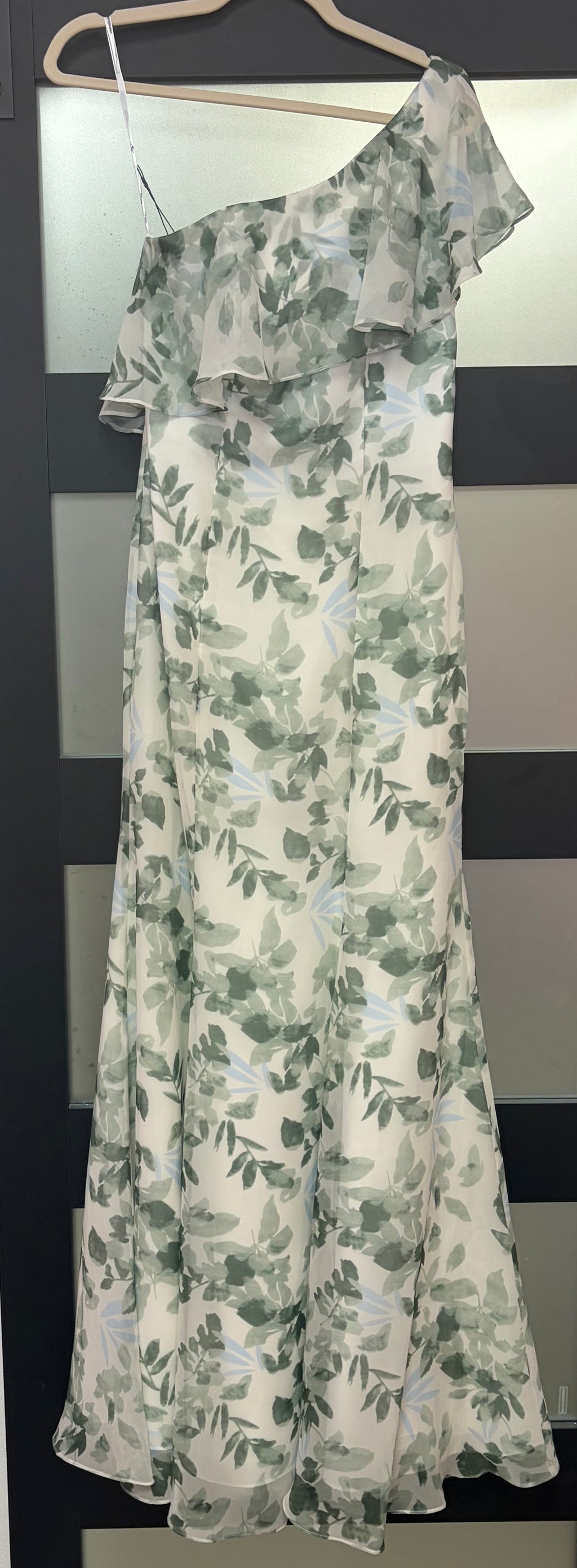 AW Bridal Sage Green Floral One-Shoulder Chiffon Bridesmaid Gown with Ruffle Overlay