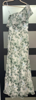 AW Bridal Sage Green Floral One-Shoulder Chiffon Bridesmaid Gown with Ruffle Overlay