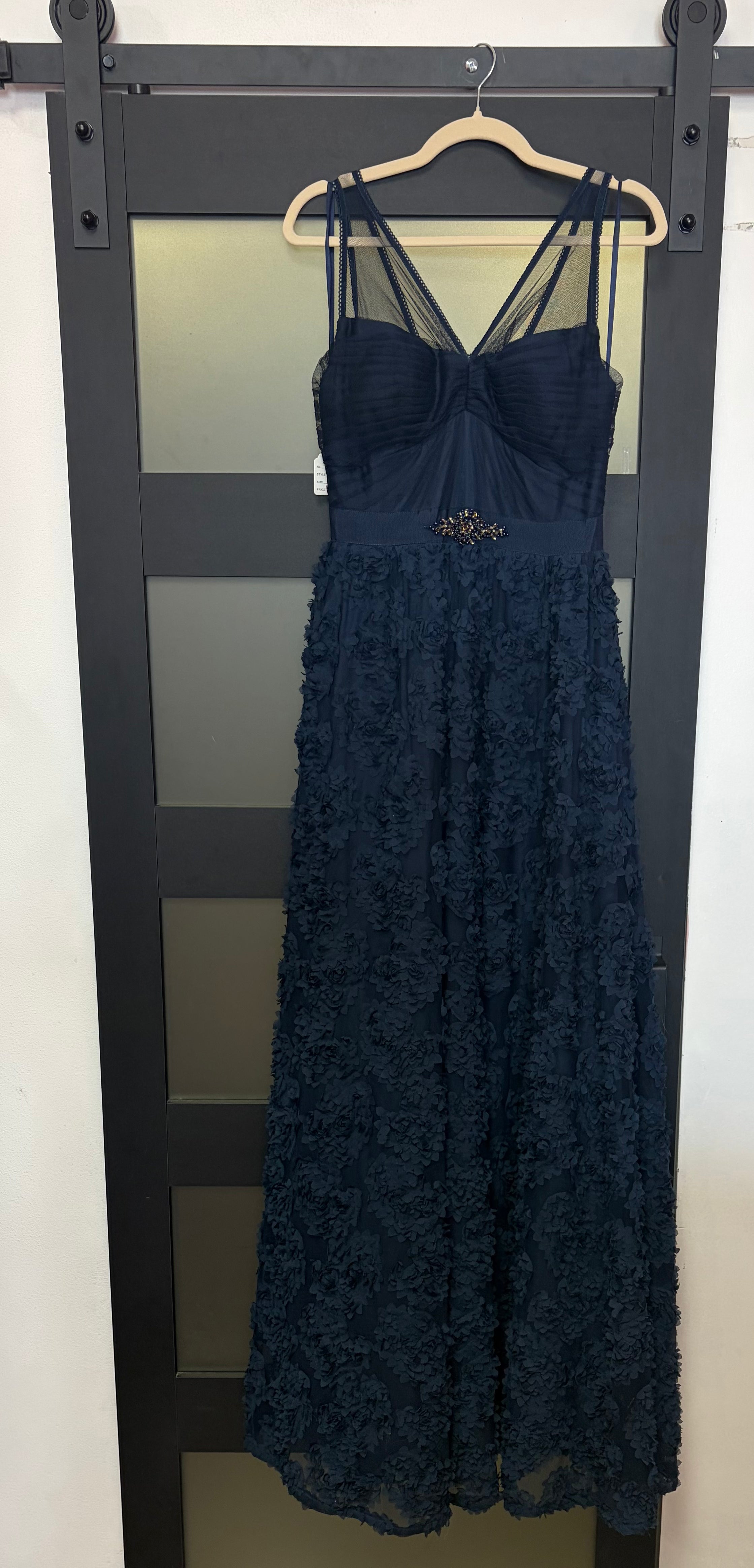 Adrianna Papell Navy Floral Appliqué Evening Gown