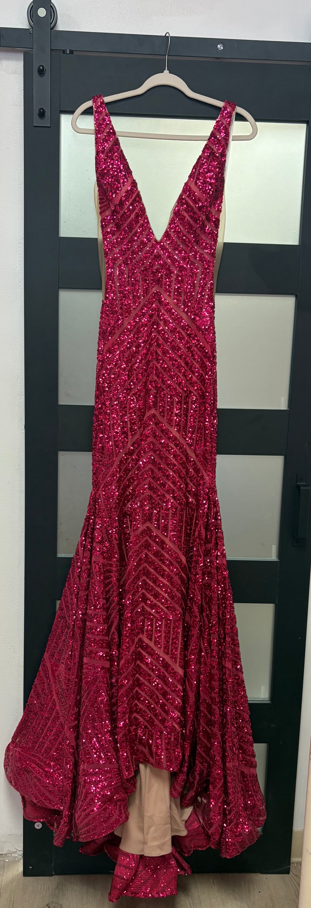Jovani 59762 Fuchsia Sequin Geometric Mermaid Prom Dress with Deep V-Neck