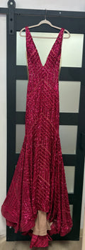 Jovani 59762 Fuchsia Sequin Geometric Mermaid Prom Dress with Deep V-Neck
