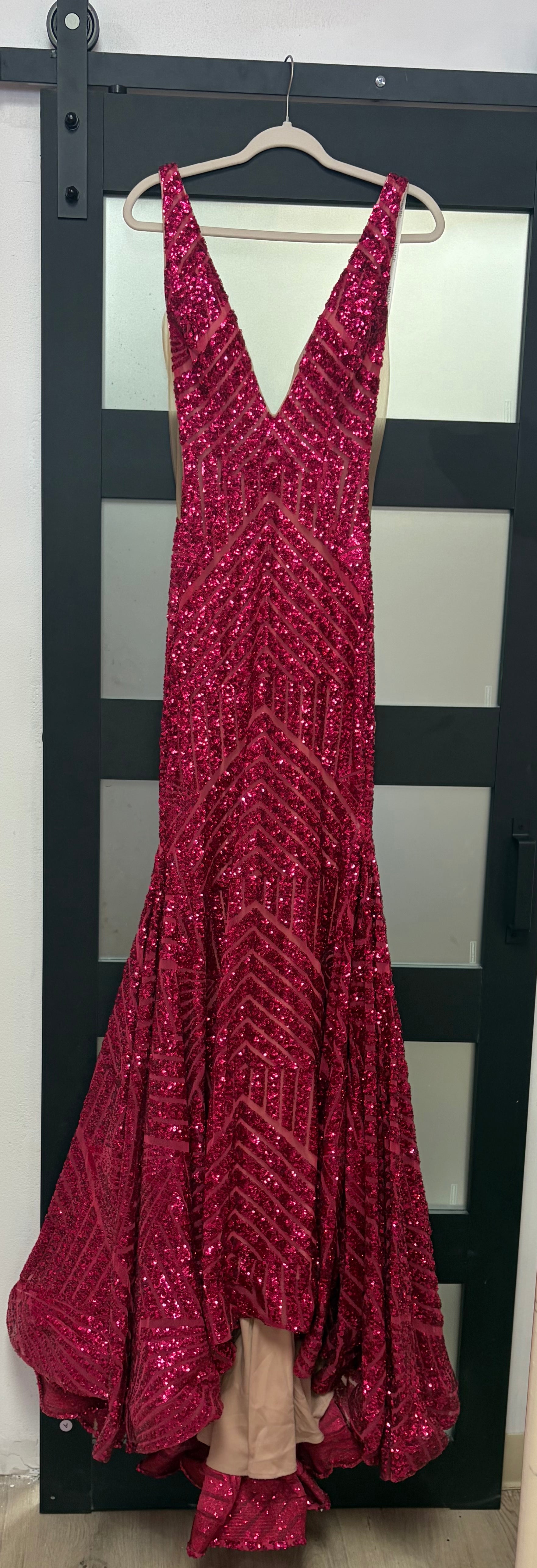 Jovani 59762 Fuchsia Sequin Geometric Mermaid Prom Dress with Deep V-Neck