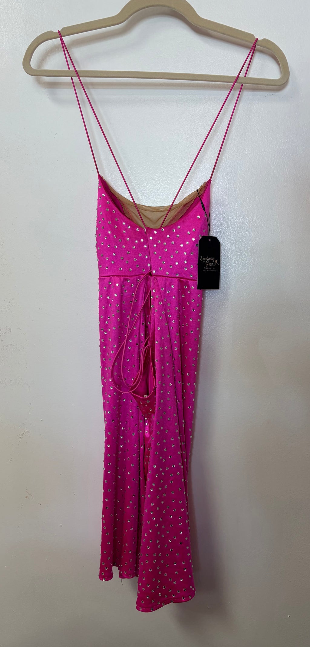 Hot Pink Rhinestone Bodycon Homecoming Dress with Crystal Studded Satin Finish