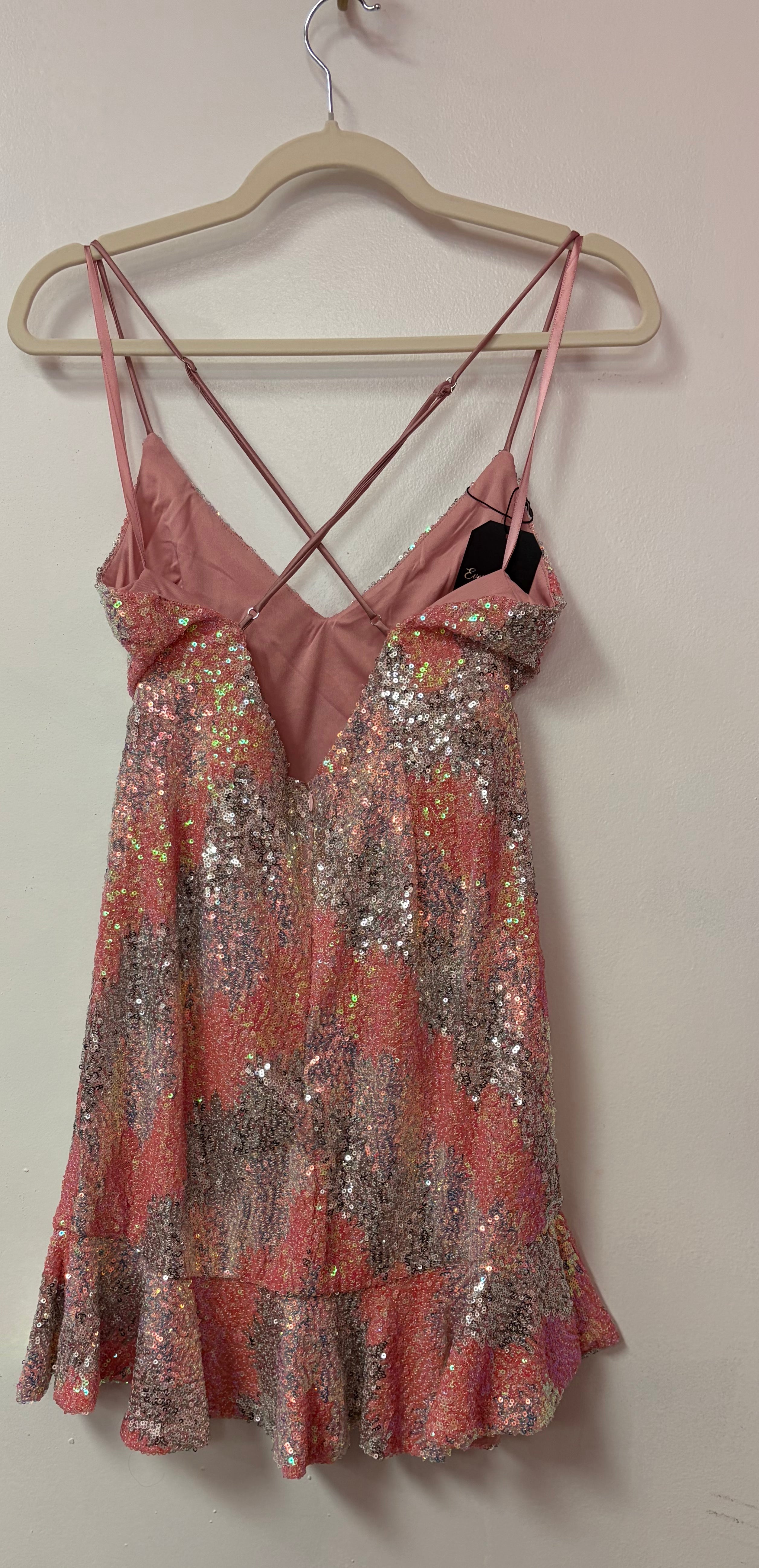 Welcome to Selfie Leslie Pink Iridescent Sequin Homecoming Dress with Ruffle Hem