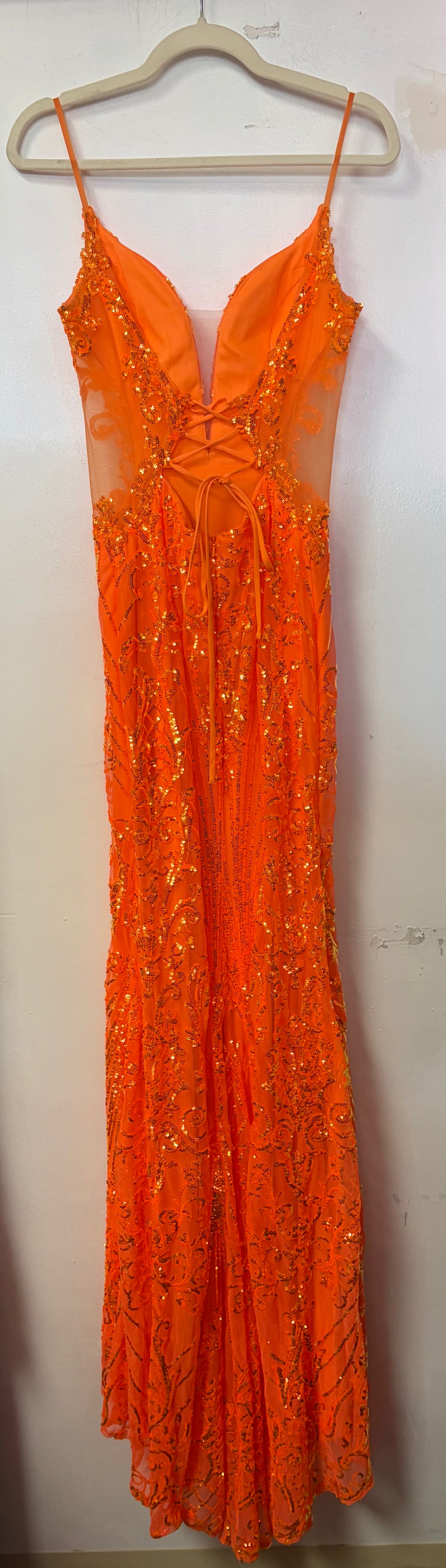 Alyce Paris Orange Sequin Gown with Sheer Sides