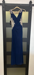 La Femme 21301 Navy Lace Open-Back Gown