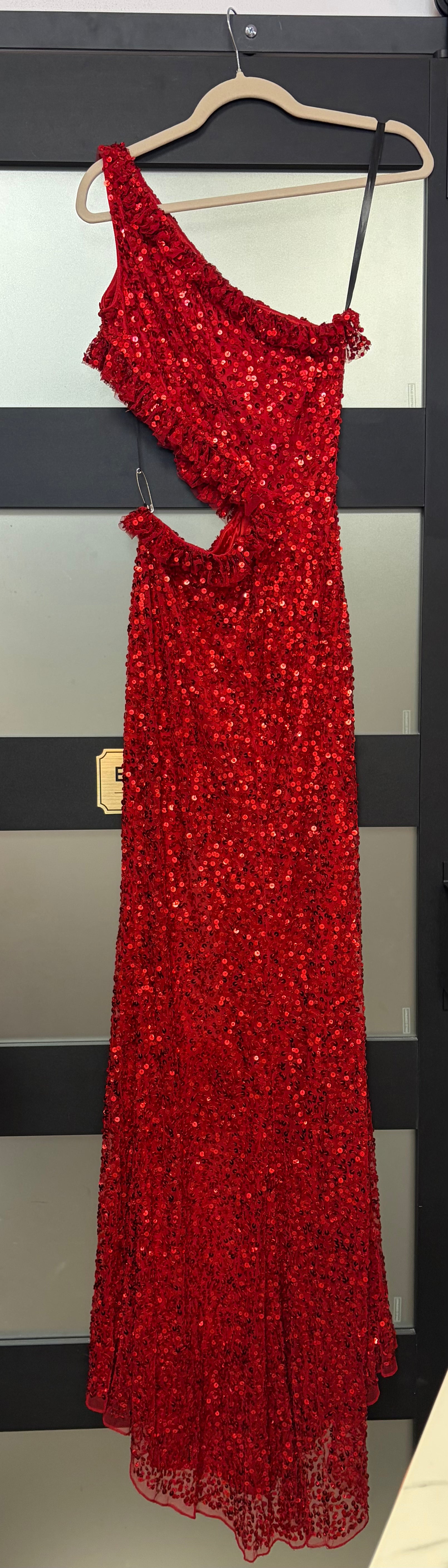 Primavera Couture 3798 Red Sequin One-Shoulder Cutout Evening Gown