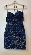 Jovani Navy Blue Floral Sequin Corset Cocktail Dress