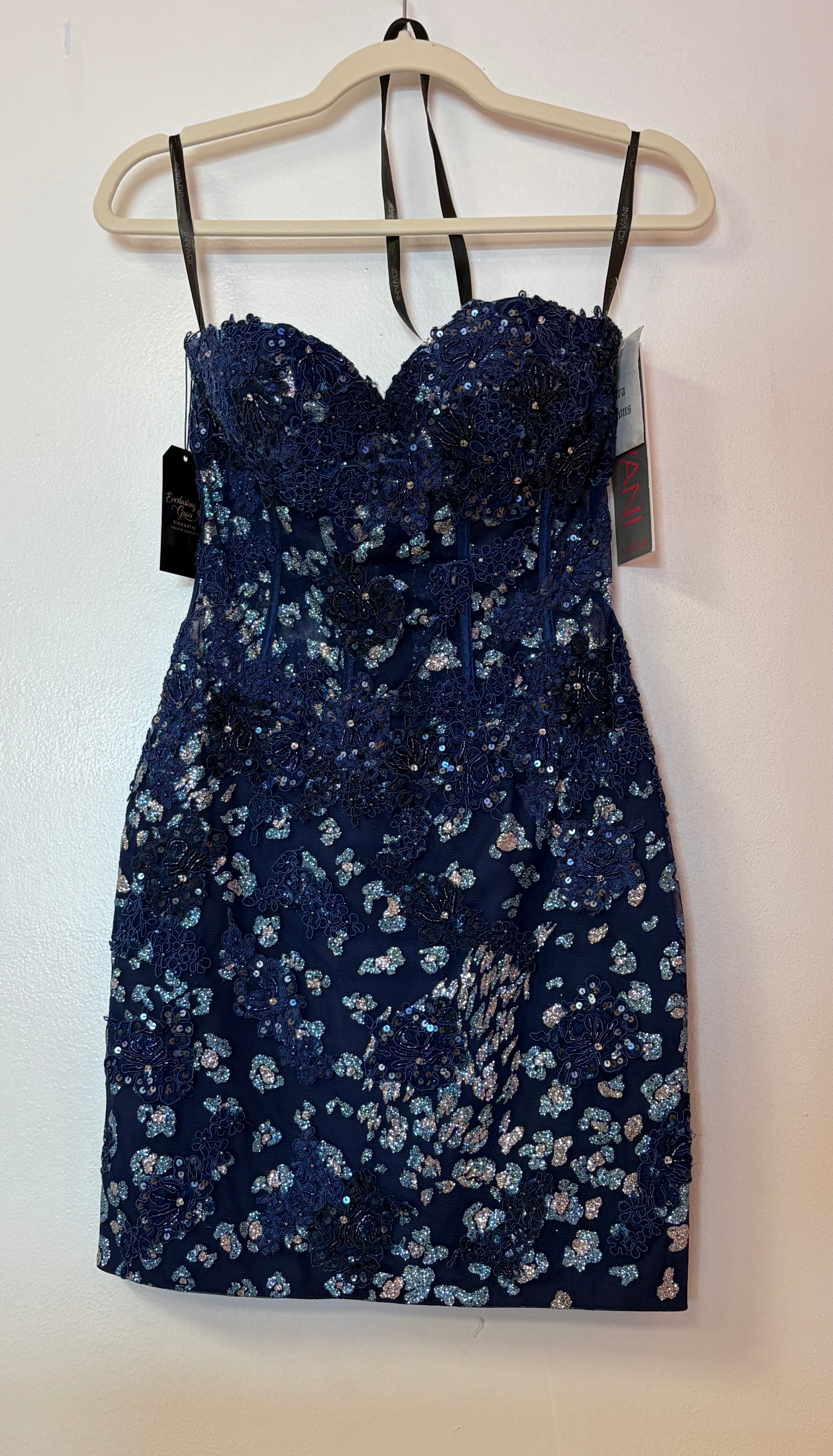 Jovani Navy Blue Floral Sequin Corset Cocktail Dress