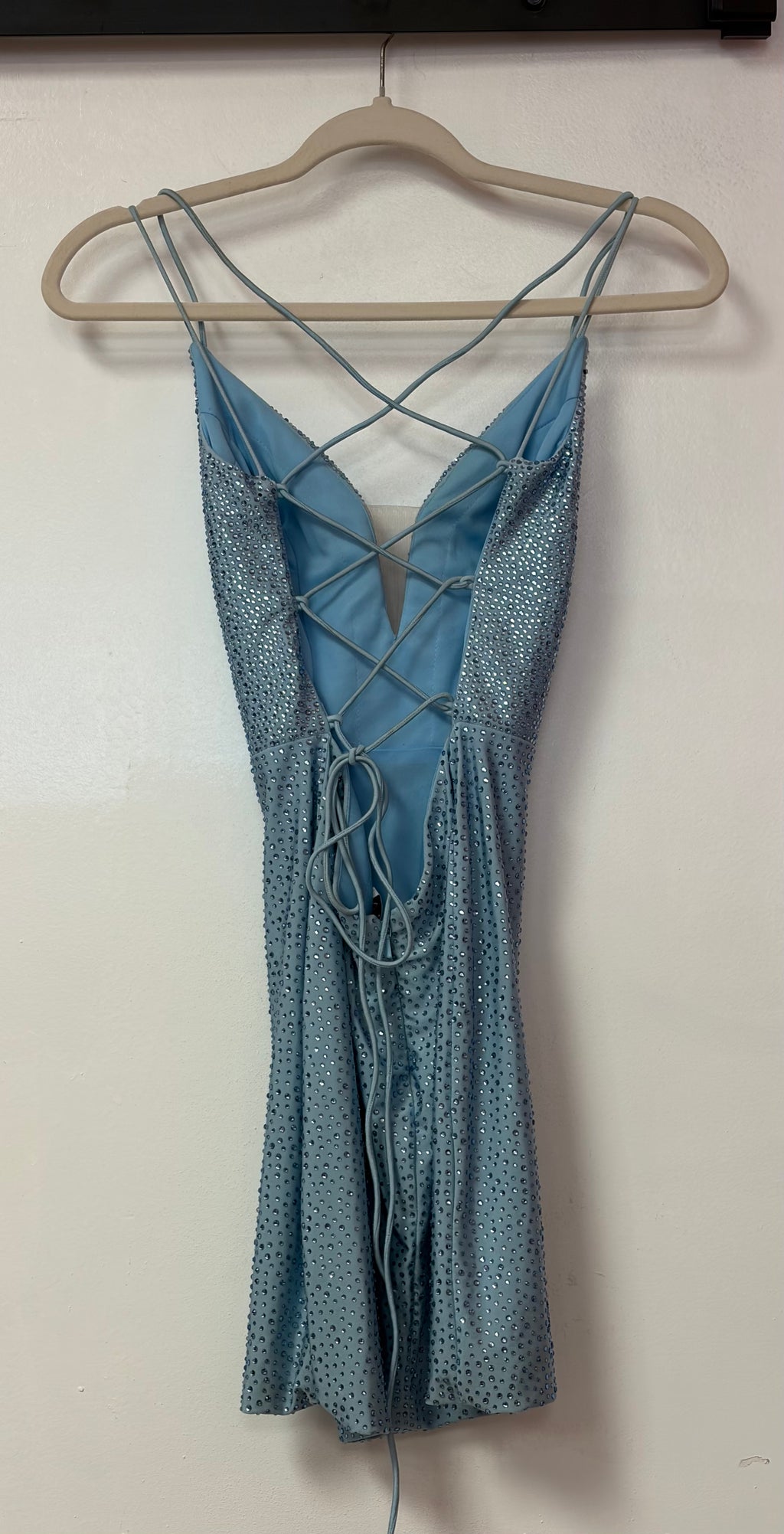 Amarra Light Blue Rhinestone Bodycon Homecoming Dress with Plunging V-Neck