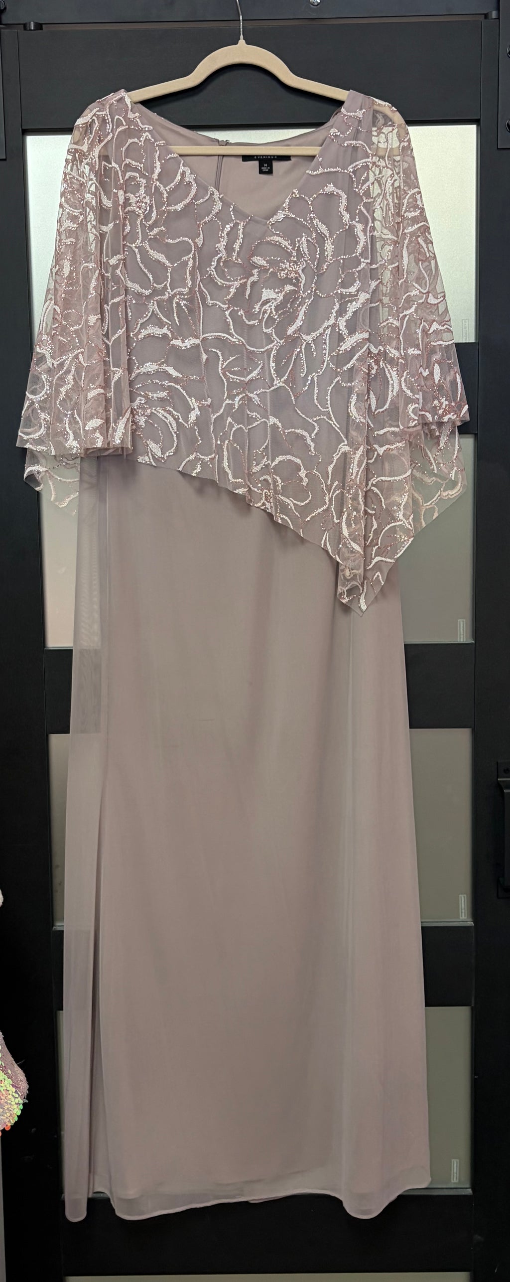 Ignite Evenings Taupe Sequin Floral Capelet Evening Gown