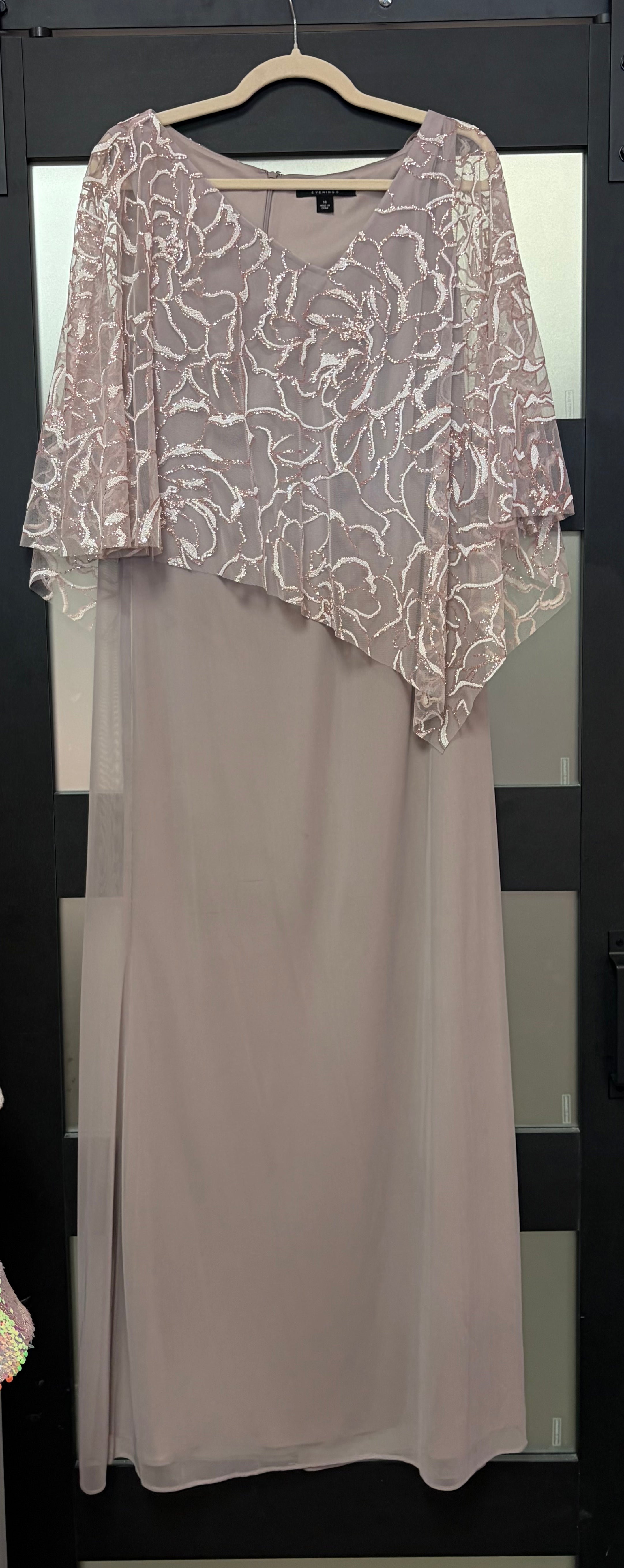 Ignite Evenings Taupe Sequin Floral Capelet Evening Gown