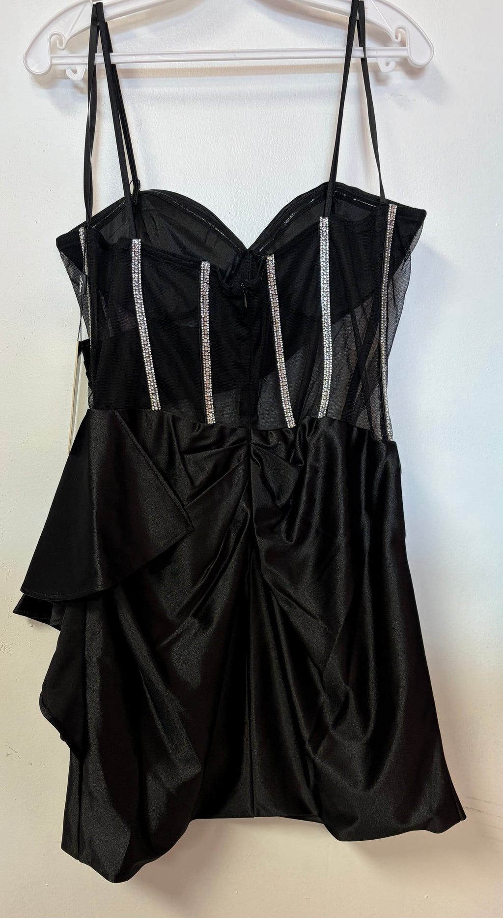 Adora 1064 Black Satin Corset Homecoming Dress with Rhinestone Boning and Draped Skirt