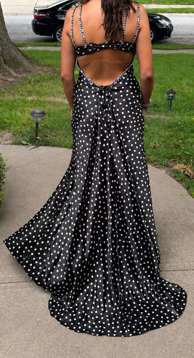 Morilee 7251 Black & White Polka Dot Sleeveless A-Line Formal Gown with Front Slit