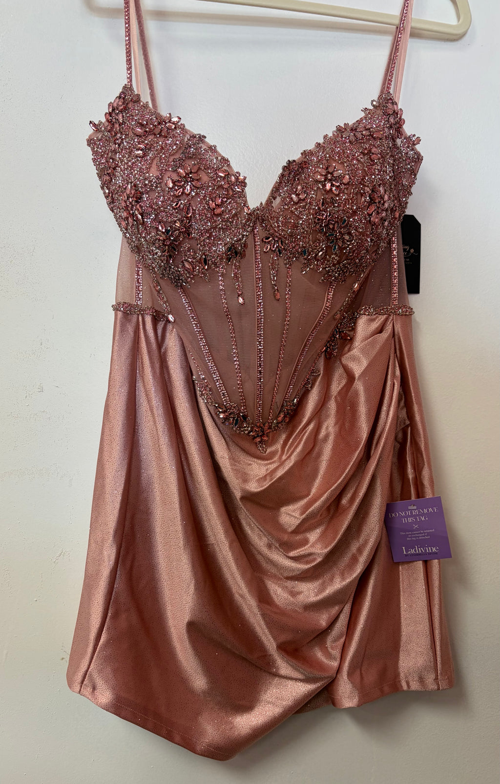 LaDivine CC503 Rose Gold Embellished Corset Homecoming Dress with Beaded Floral Appliqué